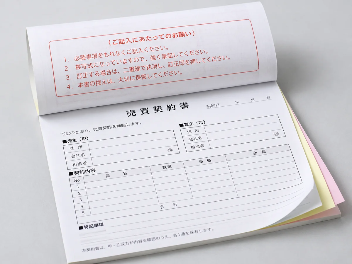 長辺側を綴じた複写式契約書の説明用イメージ