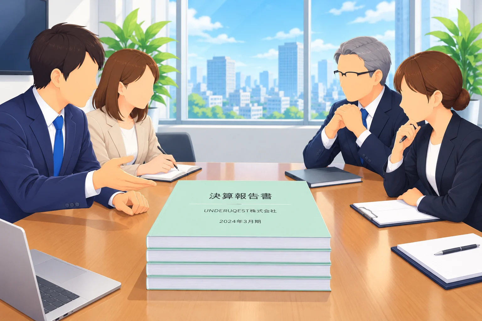 会議室で決算報告書の製本資料を囲んで打ち合わせする様子