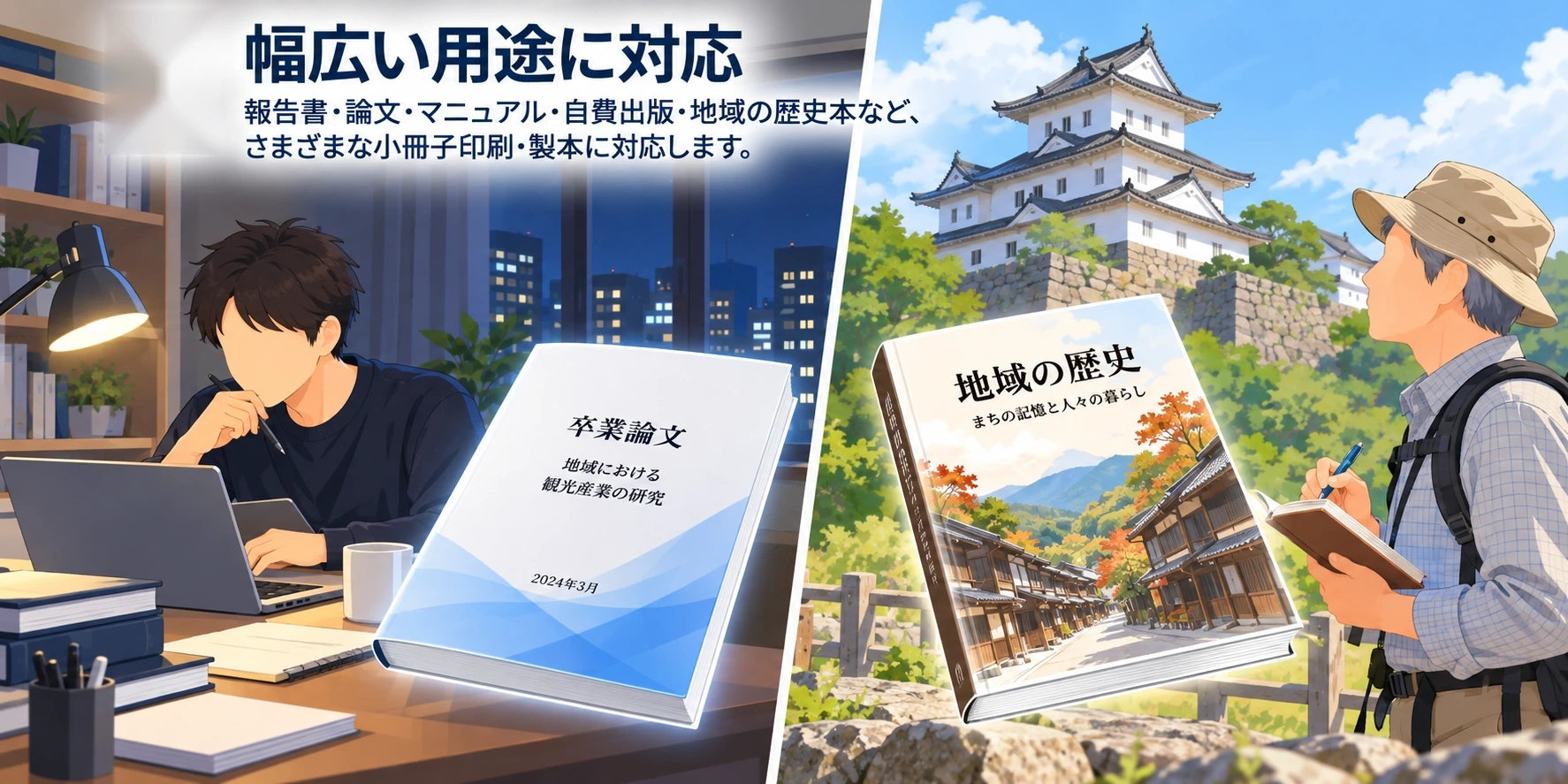 夜に論文を執筆する人と、城を訪れて地域の歴史を調べる人のイラスト