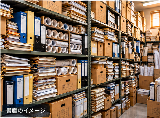 大量の図面や書類を保管した書庫のイメージ