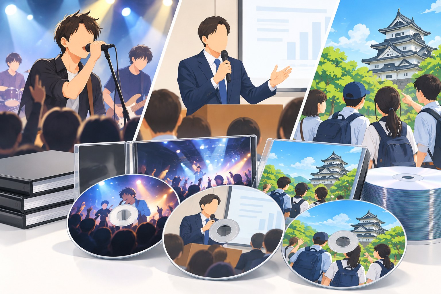 バンド演奏・講演会・修学旅行の映像と、オリジナル印刷されたCD・DVD、ジャケット、ケースのイラスト