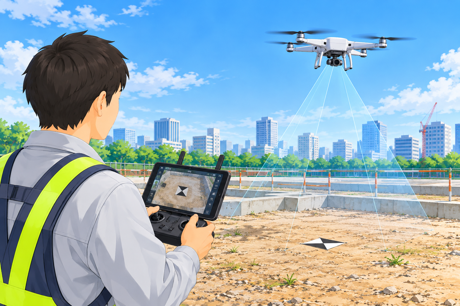 ドローンを操縦し、測量現場の対空標識を確認する作業員のイラスト