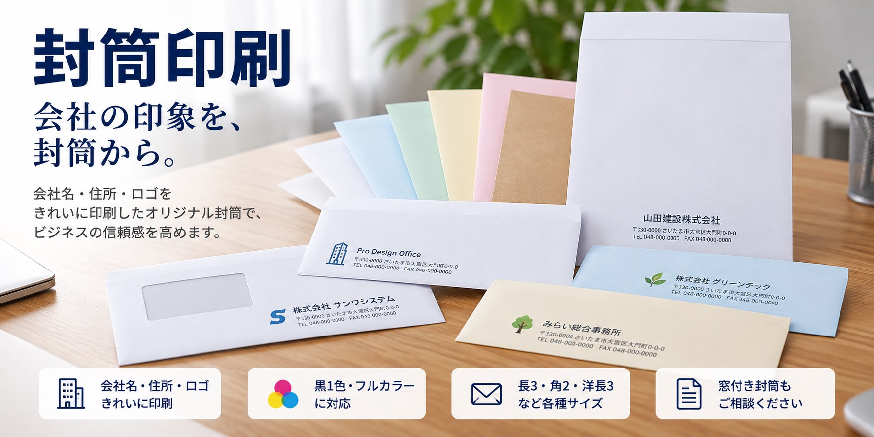 白い角2封筒、長3封筒、窓付き封筒、パステルカラー封筒など、法人向け名入れ封筒の印刷イメージ