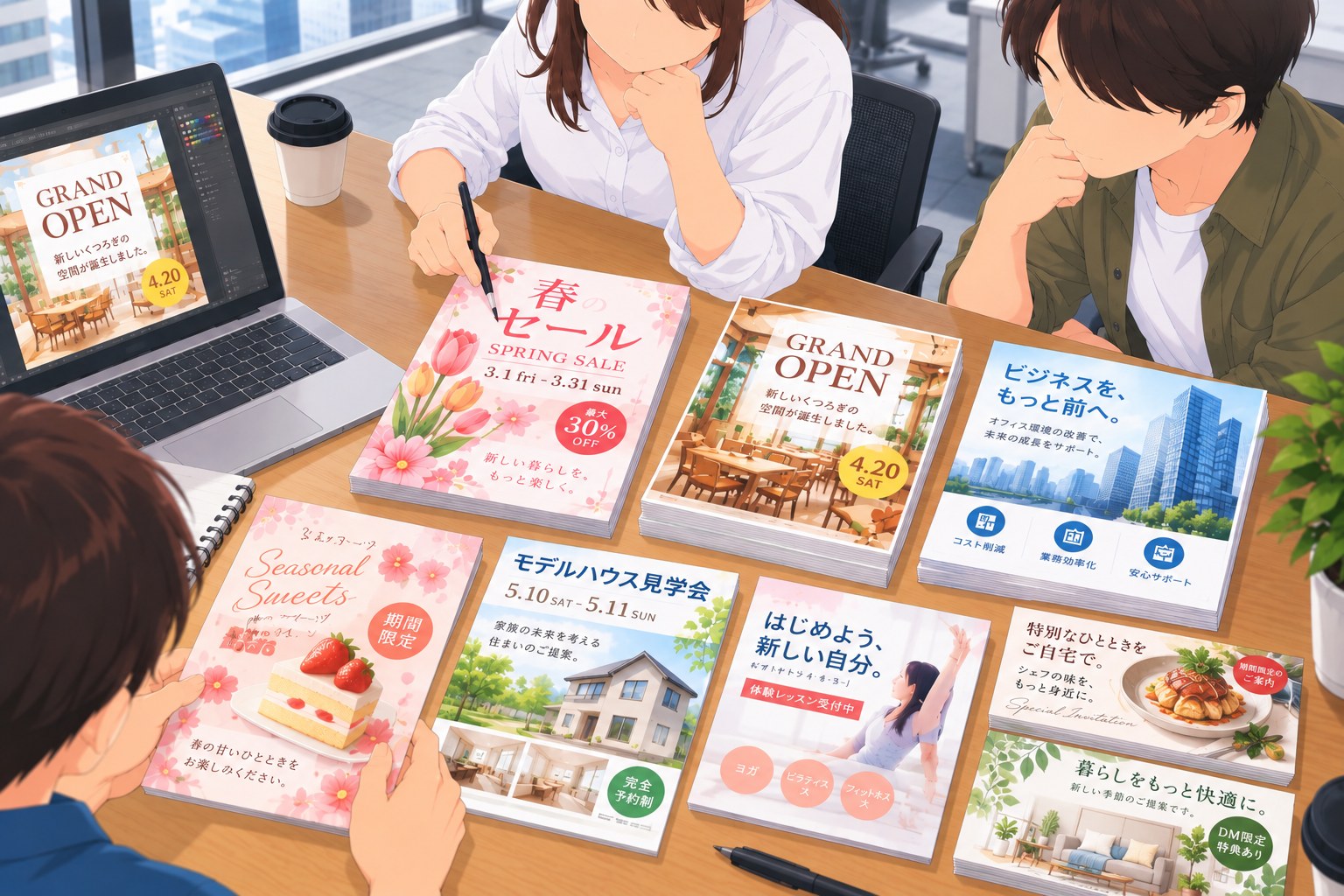 チラシやダイレクトメールのデザインを検討するオフィスでの打ち合わせ風景