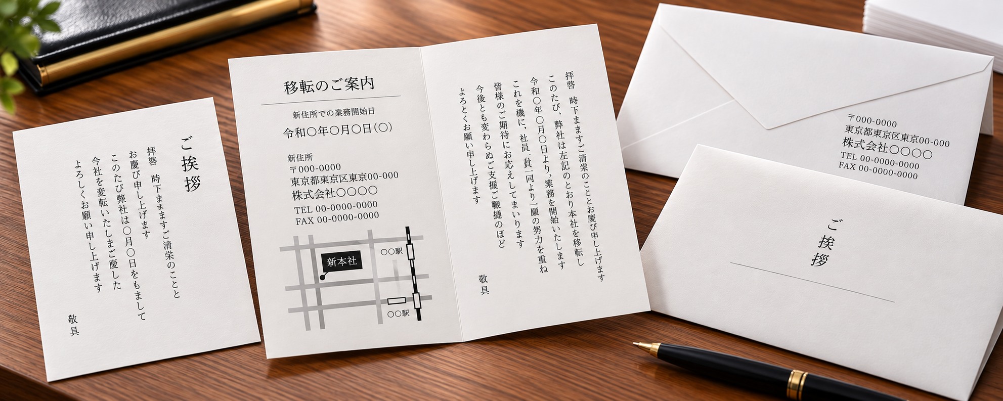 単票挨拶状、移転案内の二つ折りカードと封筒を並べたイメージ