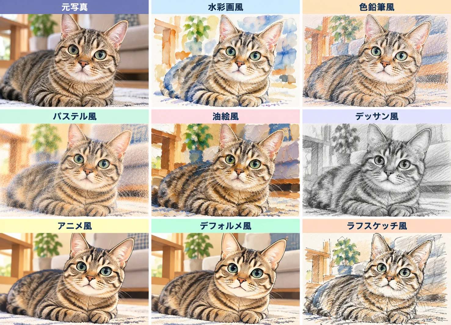 猫の元写真と8種類の画風比較