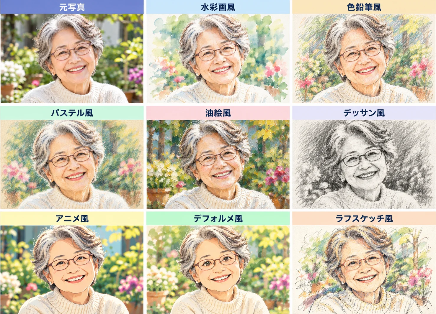 女性の肖像写真と8種類の画風比較