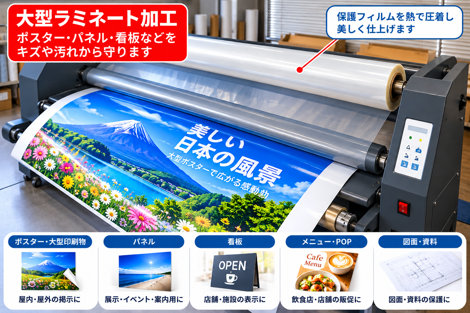 大型ラミネート機で風景ポスターに保護フィルムを加工するイメージ