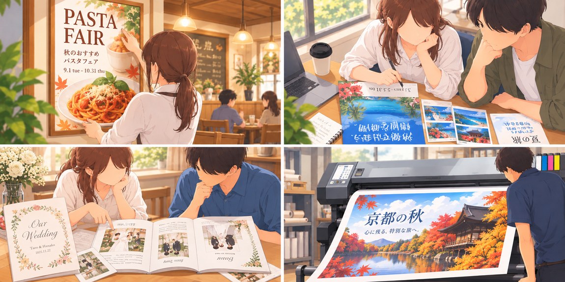 ポスター制作、DMデザイン、冊子製本、大判印刷の利用場面
