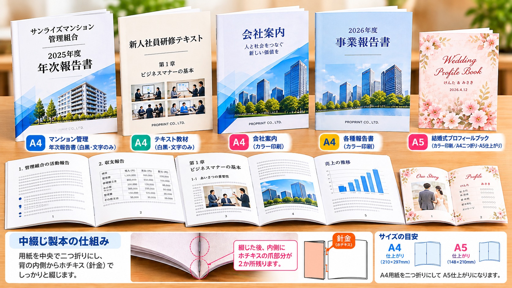 中綴じの会社案内、年次報告書、結婚式プロフィールブックの例