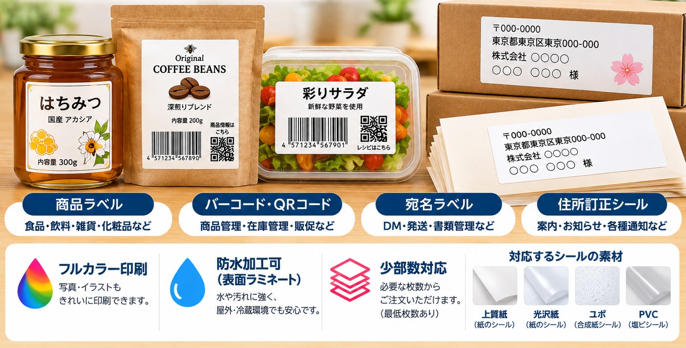 商品ラベル、バーコード・QRコード、宛名ラベル、住所訂正シールと対応素材