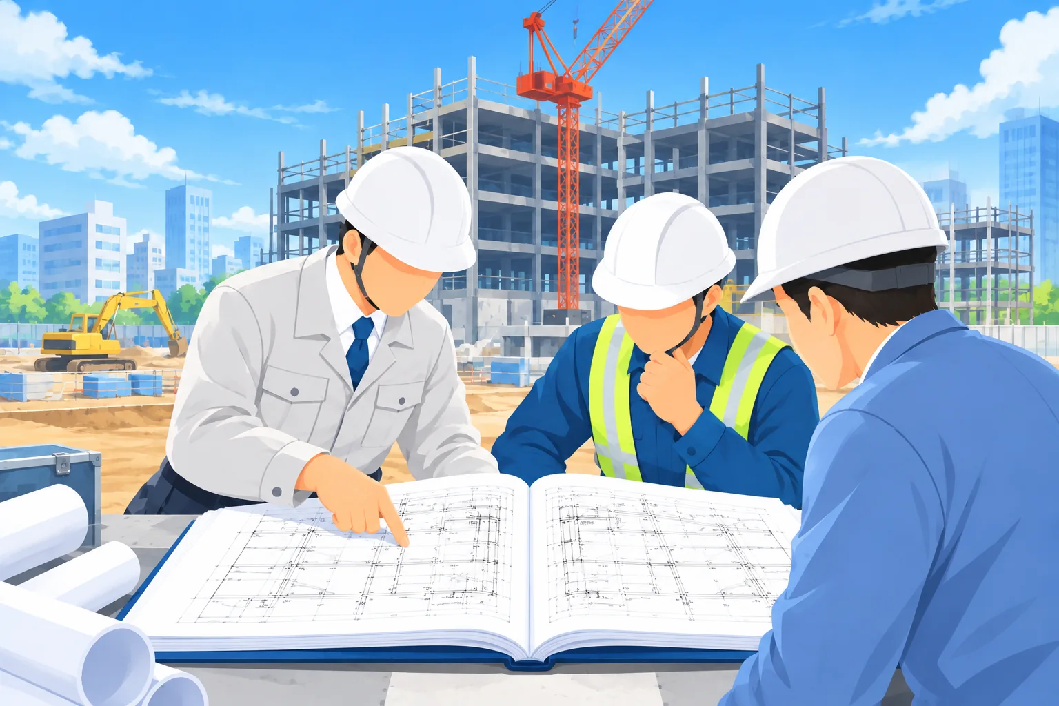 建設現場で観音製本の図面を確認する場面