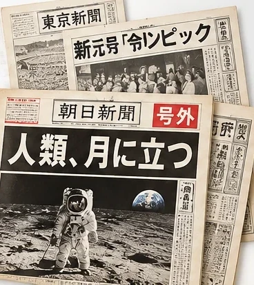 歴史的な新聞や号外を重ねたイメージ
