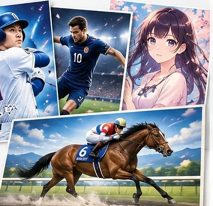 野球、サッカー、競走馬、アニメのポスターを重ねたイメージ