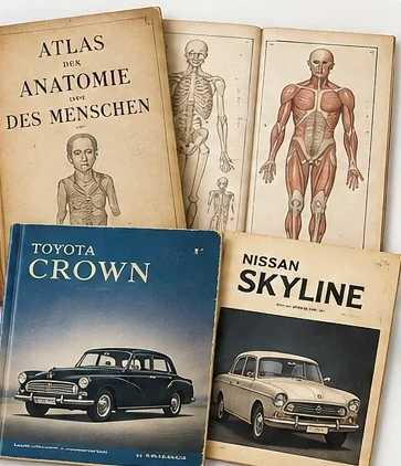 医学専門書と昭和期の自動車カタログのイメージ